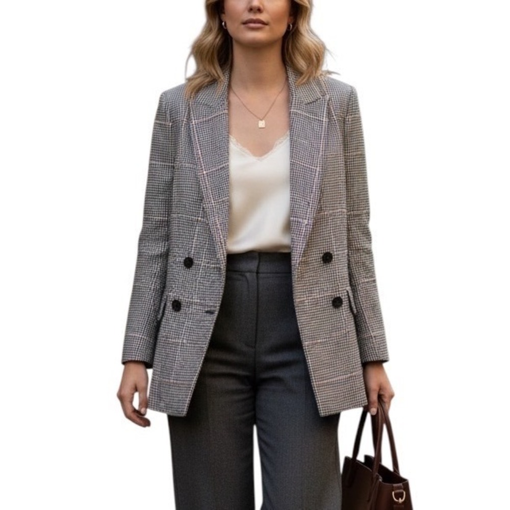 AllSaints Houndstooth Plaid Double Breasted Blazer Dark Academia Quiet Luxury